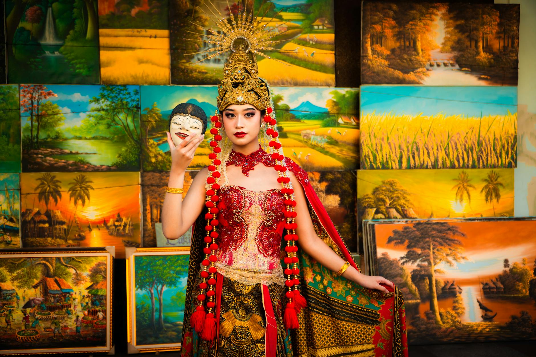 Lukisan warna-warni menampilkan tarian tradisional Indonesia, memadukan seni visual dan warisan budaya